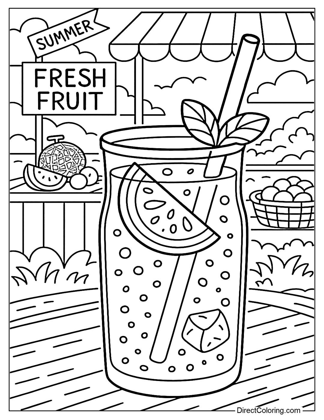Melon smoothie coloring page with floating melon slices, the background is a fruit stall in a summer market with a fun sign.